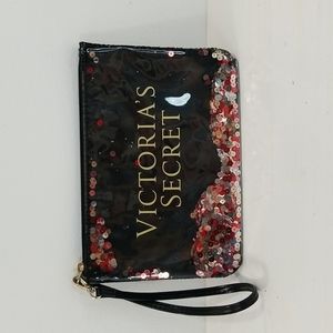 Victoria Secret Black Zipper Sequin Confetti Makep-up Wristlet Bag